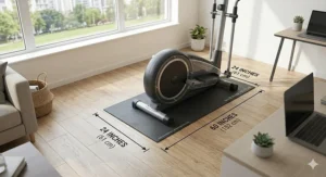 Illustration showing the floor space requirements for a space-saving apartment elliptical.