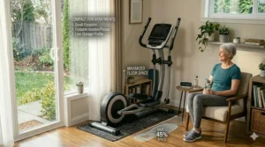 Illustration of a space-saving elliptical machine fits easily into a senior's small living area.