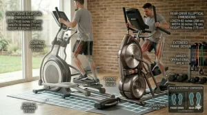 Illustration comparing the compact footprint of a front-drive elliptical to the longer frame of a rear-drive model.