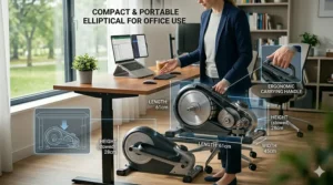 Illustration highlighting the compact dimensions and handle of a portable elliptical for office use.