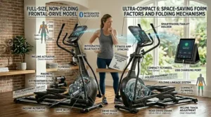 Side-by-side comparison of a folding compact elliptical versus a standard full-size model.