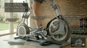 Detailed view of articulating foot pedals that reduce heel lift on high-end rear-drive ellipticals.