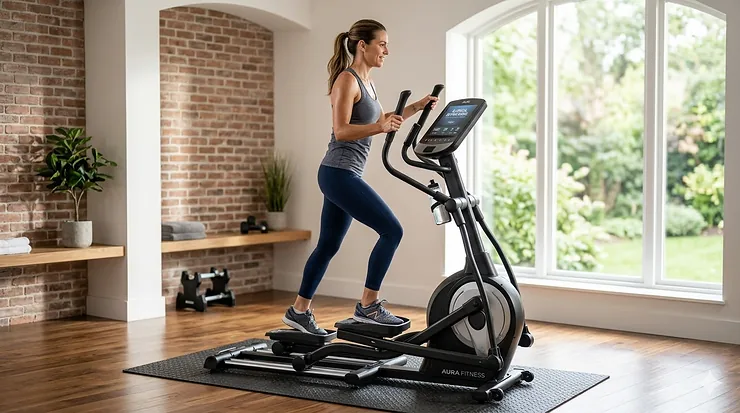 A person exercising on a high-end elliptical machine in a bright home gym setting. elliptical buying guide