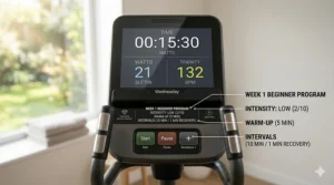 A beginner's guide to the elliptical display screen showing heart rate, resistance levels, and time.