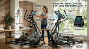 Close-up illustration of a modern elliptical console with tablet holder and heart rate monitors.