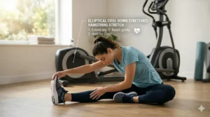 A person performing calf and hamstring stretches after a beginner elliptical session.