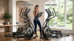 Comparison diagram of front-drive, rear-drive, and center-drive elliptical designs.
