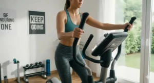 Close-up illustration of a person using elliptical handlebars for a synchronized upper body workout.