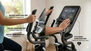 A beginner demonstrating how to hold moving handlebars for a full-body workout versus stationary bars for stability.