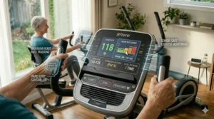 Digital display on an elliptical showing heart rate monitoring features for safe senior cardio.