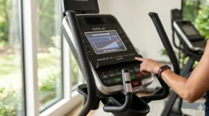 Close-up of the control panel on an elliptical with incline adjustment settings.