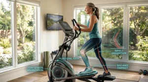 Diagram showing the fluid elliptical path that prevents jarring impact on bad knees.