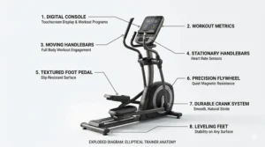 A labeled diagram of an elliptical trainer showing the console, pedals, and handlebars for beginner orientation.
