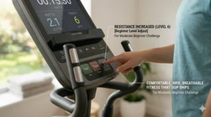 A hand adjusting the resistance button on an elliptical for a low-intensity beginner workout.