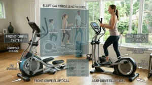 Diagram explaining ideal stride length on a budget elliptical for different heights.