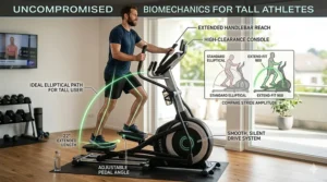 Diagram illustrating the ideal elliptical stride length for tall people to ensure full range of motion.