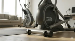 Close-up of built-in transport wheels for moving a quiet elliptical between rooms.