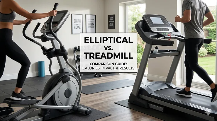 A side-by-side comparison of a modern elliptical trainer and a motorized treadmill in a home gym setting. elliptical vs treadmill