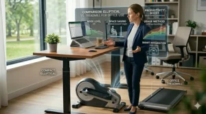 Side-by-side illustration comparing the space-saving benefits of an elliptical versus a treadmill for office use.