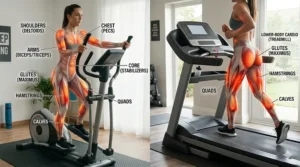Comparison chart showing full-body muscle engagement on an elliptical vs. lower-body focus on a treadmill.