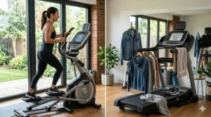 An illustration comparing a functional calorie burning elliptical machine with a treadmill used as a clothes rack.