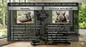 Side-by-side comparison chart of an elliptical with incline and a treadmill.