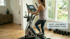 Person performing a low-impact cardio workout on a quiet home elliptical machine.