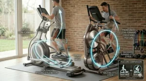 Comparison of a user leaning forward on a front-drive elliptical versus upright posture on a rear-drive model.