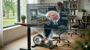 Concept art showing a brain icon and a person pedaling an elliptical for office use to boost focus.