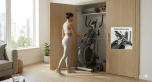 Illustration of a folding elliptical trainer being stored in a closet to save space.