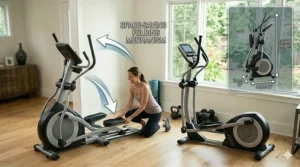 A space-saving folding elliptical machine being tucked away in a small apartment.