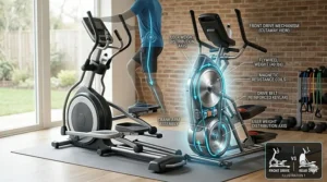 Diagram showing the flywheel location at the front of a front-drive elliptical trainer.