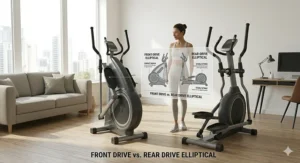 Comparison layout of front-drive and rear-drive elliptical frames for small apartments.