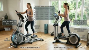 Illustration comparing front-drive and rear-drive elliptical machines for home use.