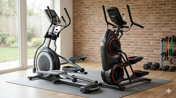 A side-by-side comparison of a front-drive elliptical and a rear-drive elliptical in a home gym setting. front drive vs rear drive elliptical
