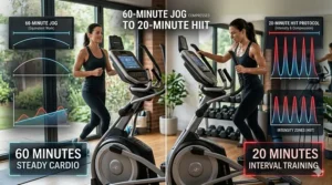 A timeline graphic of a 20-minute HIIT elliptical training session showing intervals of high and low intensity.