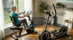 Illustration comparing a standard standing elliptical and a seated recumbent elliptical for seniors.
