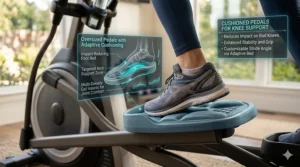 Close-up of oversized, cushioned pedals that provide stability for users with knee sensitivity.