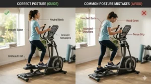 Side-by-side illustration showing correct upright posture versus leaning too far forward on the elliptical.