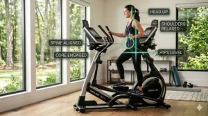 Person maintaining correct upright posture while using an elliptical with incline.