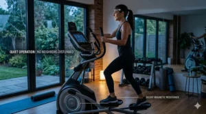 An illustration of a silent, magnetic resistance fat burning elliptical being used early in the morning without disturbing others.