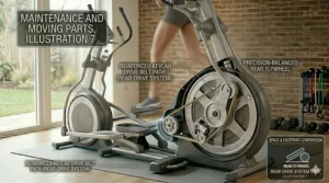 Internal view of the belt and drive system located behind the pedals on a rear-drive elliptical.