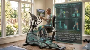 Illustration of a seated elliptical trainer providing maximum joint support for severe knee issues.