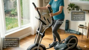 Close-up illustration of non-slip handlebars and wide foot pedals on a senior-friendly elliptical.