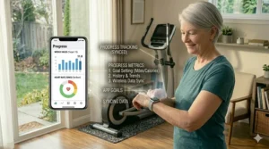 Illustration of an elliptical console syncing workout data to a tablet for easy progress tracking.