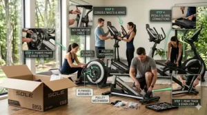 Step-by-step visual guide for assembling your home elliptical with incline.