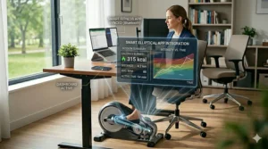 Illustration of a smartphone syncing data from a Bluetooth-enabled elliptical for office use.