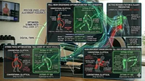 Safety illustration showing correct form and joint alignment on an elliptical for tall people.