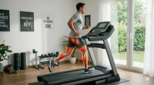 Anatomical diagram highlighting leg muscles activated during treadmill running, including calves and hamstrings.