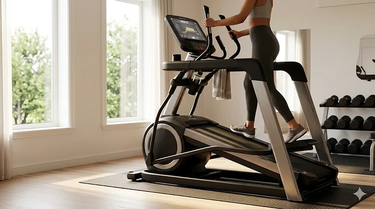 A high-end 15 incline level elliptical trainer in a bright home gym setting, highlighting its adjustable ramp and sleek console.